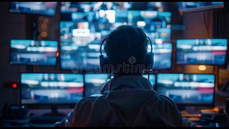 A man is sitting in front of a computer monitor with a headset on, security concept royalty free illustration
