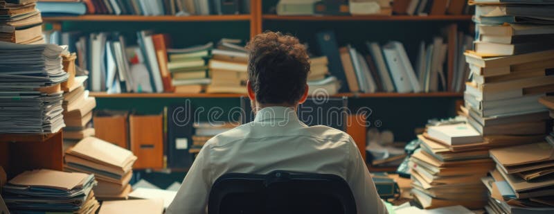 Man Sitting in Front of Large Stack of Books royalty free illustration