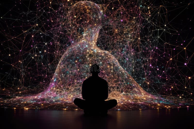 A man sitting in front of a projection of an stock illustration