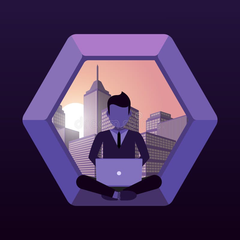 Man sitting in a futuristic window with computer vector illustration
