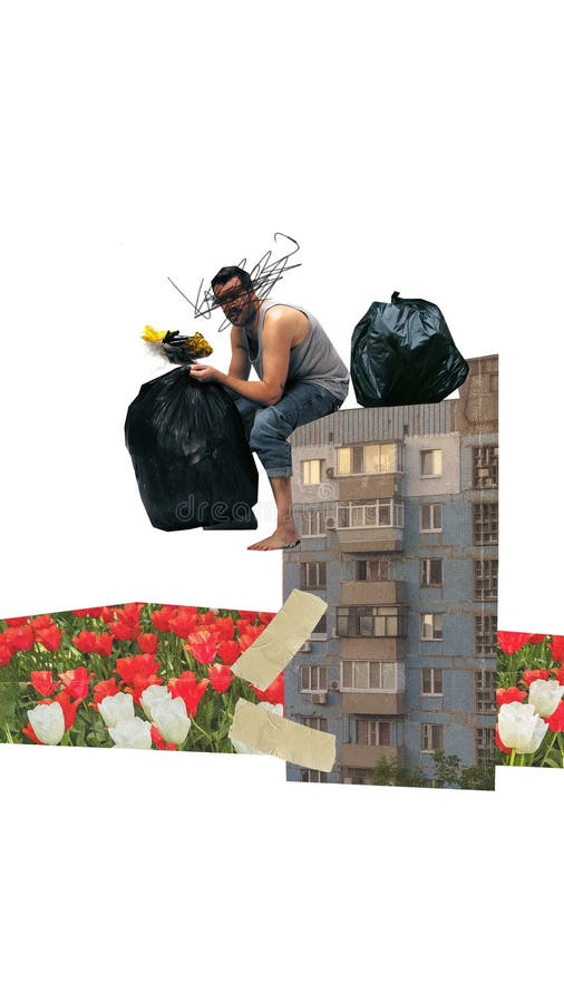 Man sitting on house with garbage bags. Environmental issues. Problems of pollution. Contemporary art collage. Concept of ecology, environment, problem, awareness, recycling