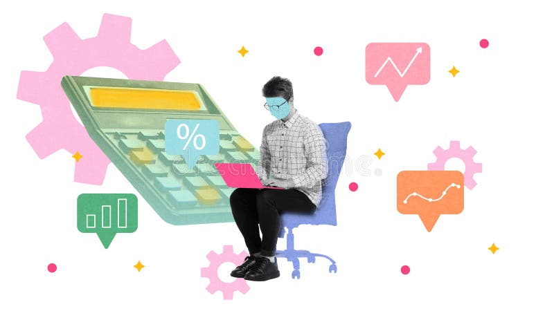 Man sitting with laptop near oversized calculator, surrounded by data charts, representing financial analysis and royalty free stock photo