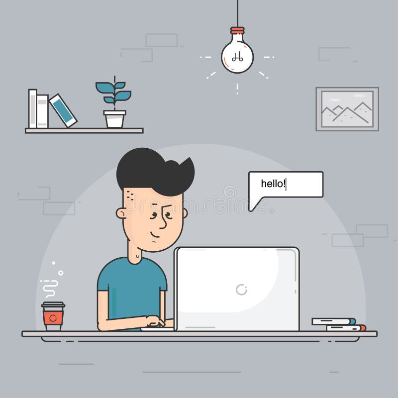 Man sitting with laptop in social networks and typing word Hello. stock illustration