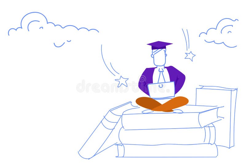 Man sitting lotus pose book stack using laptop successful online education concept student graduation cap studying