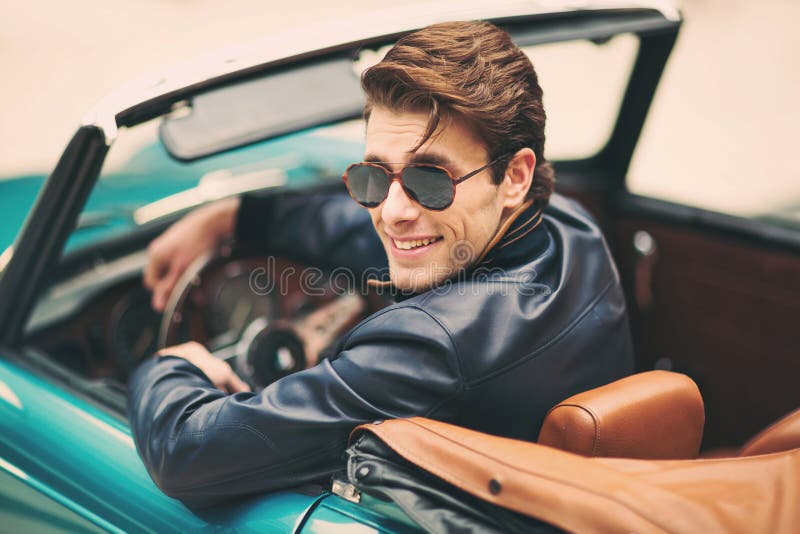 Two Fashion Man Sitting In Luxury Retro Cabriolet Car Stock Image ...