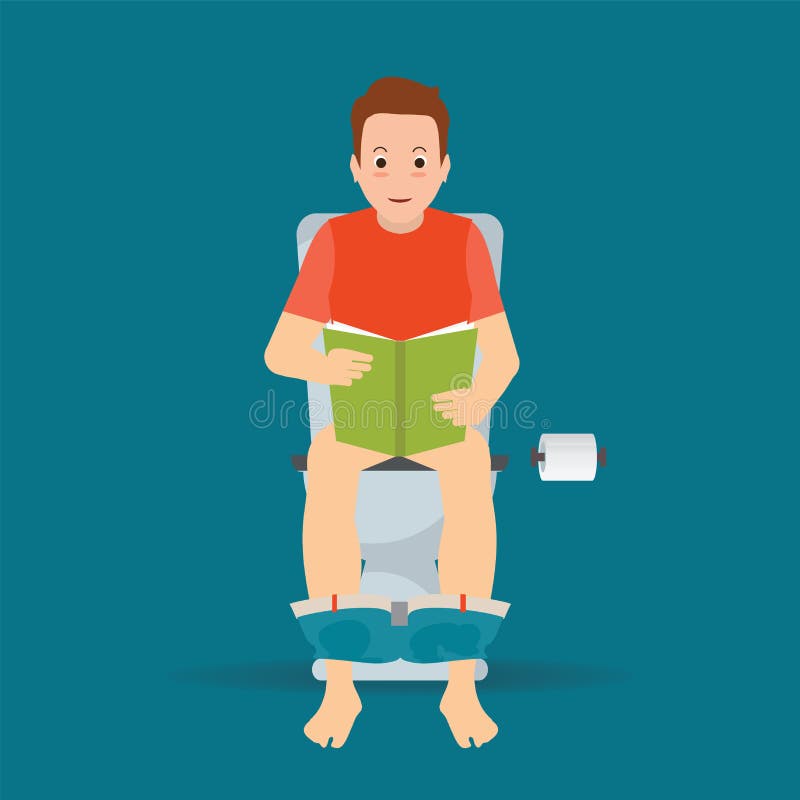 Man sitting on toilet bowl and reading a book.