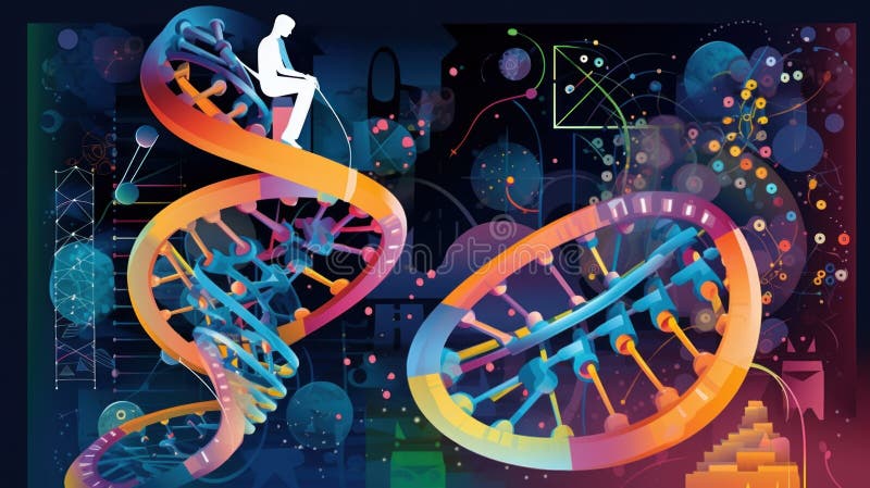 A man sitting on top of a table next to a double - stranded strand of dna. AI generative image.