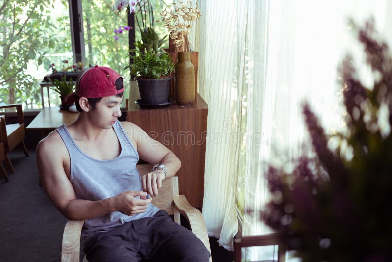 Man sitting waiting a person in coffee cafe royalty free stock images