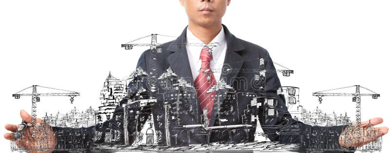 Man sketching of building construction on white stock photography