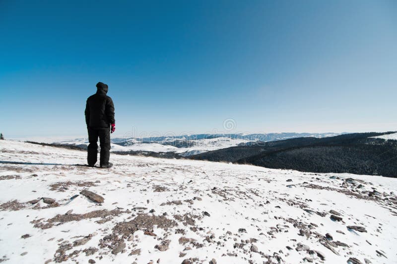 Man with ski equipment on the top of the mountains