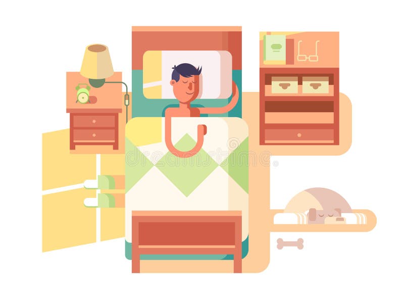 Man sleep in bed. Dream night, bedroom interior, vector illustration