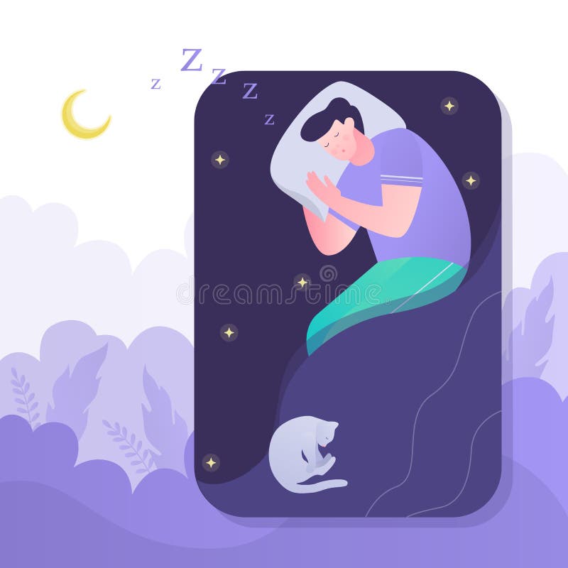 Man Sleep Person Rest In The Bed On The Pillow Late At Night Stock