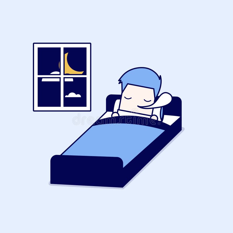 Man is Sleeping on the Bed. Cartoon Character Thin Line Style Vector