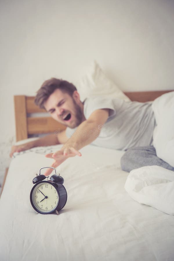 Man Sleepy Nationality American Reaching For The Alarm Clock Sleeping