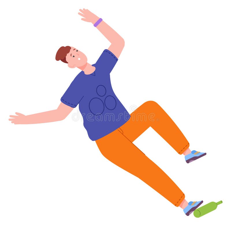 Man Sliding on Glass Bottle. Slipping Accident Falling Down Stock