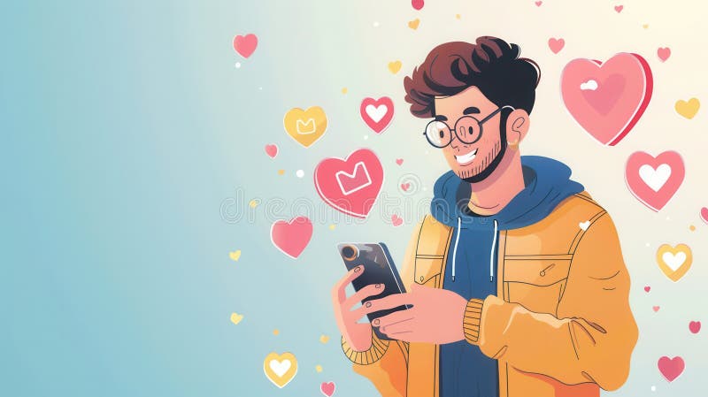 A man smiles while using his smartphone, engaging with social media as colorful like icons float around him royalty free illustration