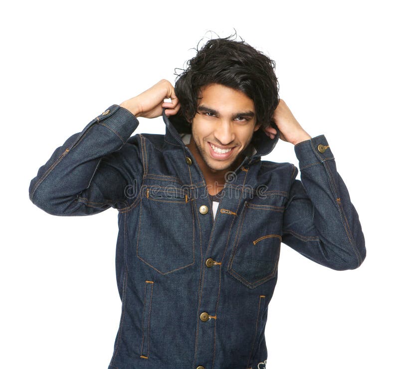 Man smiling and holding denim jacket collar stock images Man smiling and holding denim jacket collar stock images