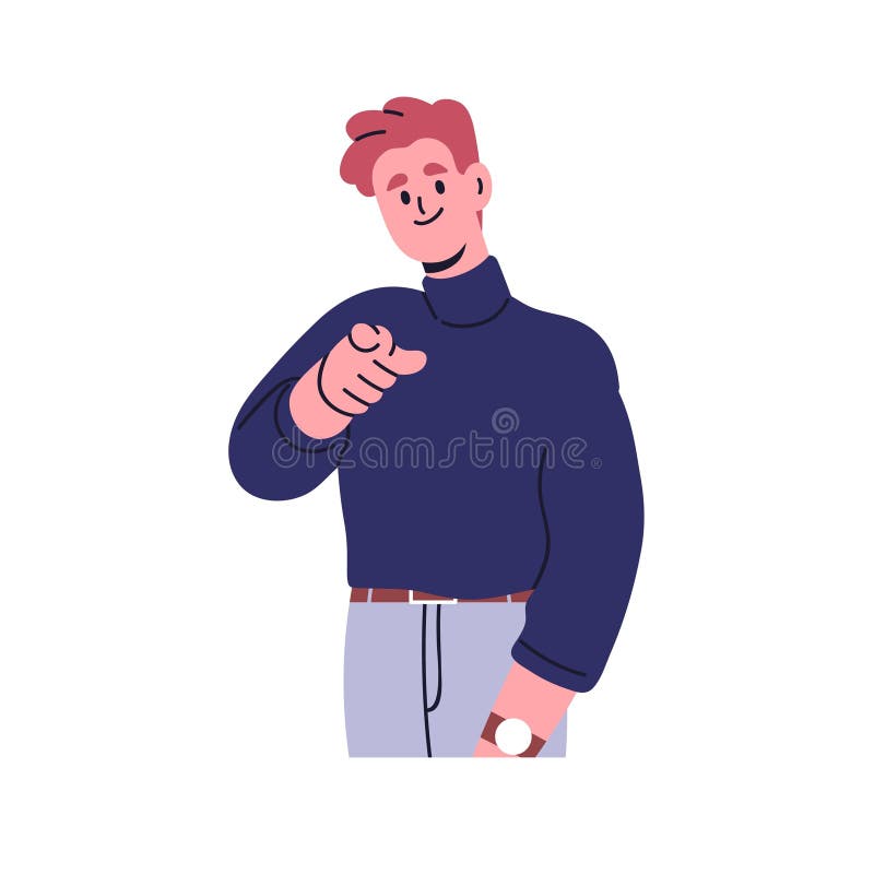 Man smiling, pointing at you. Friendly male with finger gesture, looking forward, inviting, selecting, electing candidate, picking vector illustration