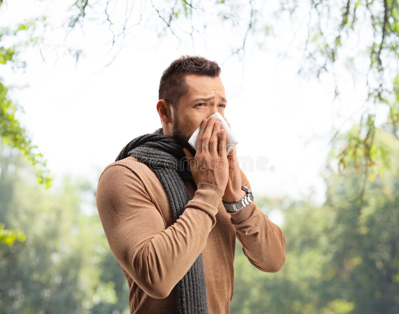 Man sneezing and suffering from a hay fever allergy stock photography Man sneezing and suffering from a hay fever allergy stock photography