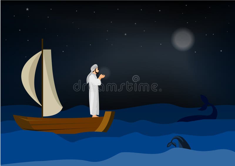 Man som ber på illustratör för segelbåthavbakgrund royaltyfri illustrationer