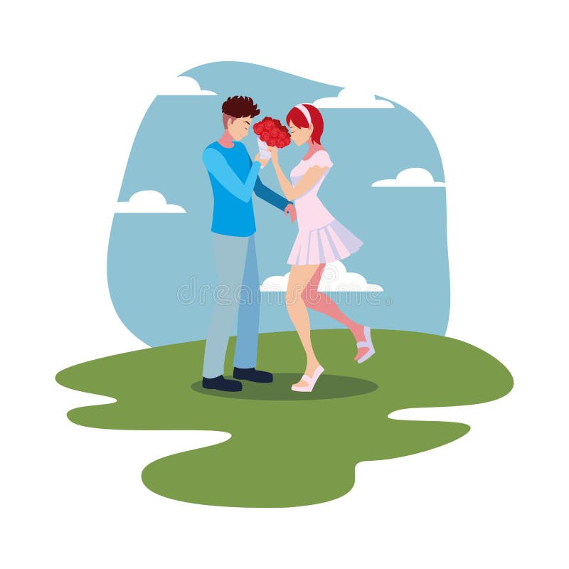 Man som ger bouquet blomma en kvinna romantisk stock illustrationer