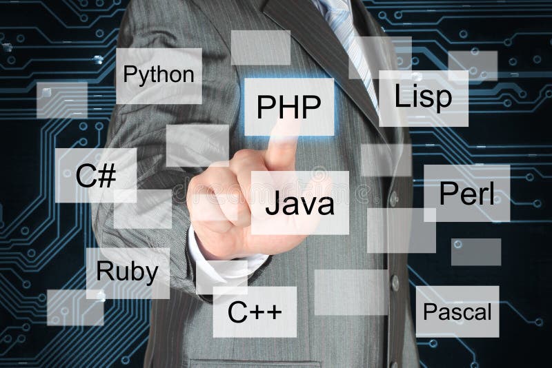 Man som skjuter den faktiska programmera språkknappen arkivbild Man som skjuter den faktiska programmera språkknappen arkivbild