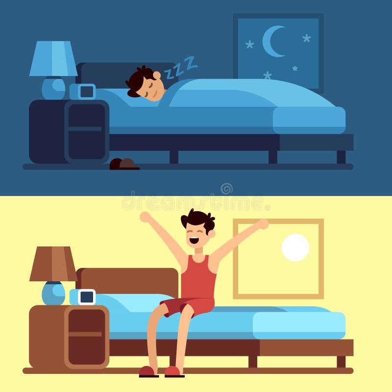 Man sleeping waking up. Person under duvet at night and getting out of bed morning. Peacefully sleep in comfy mattress vector concept. Man sleeping waking up. Person under duvet at night and getting out of bed morning. Peacefully sleep in comfy mattress vector concept