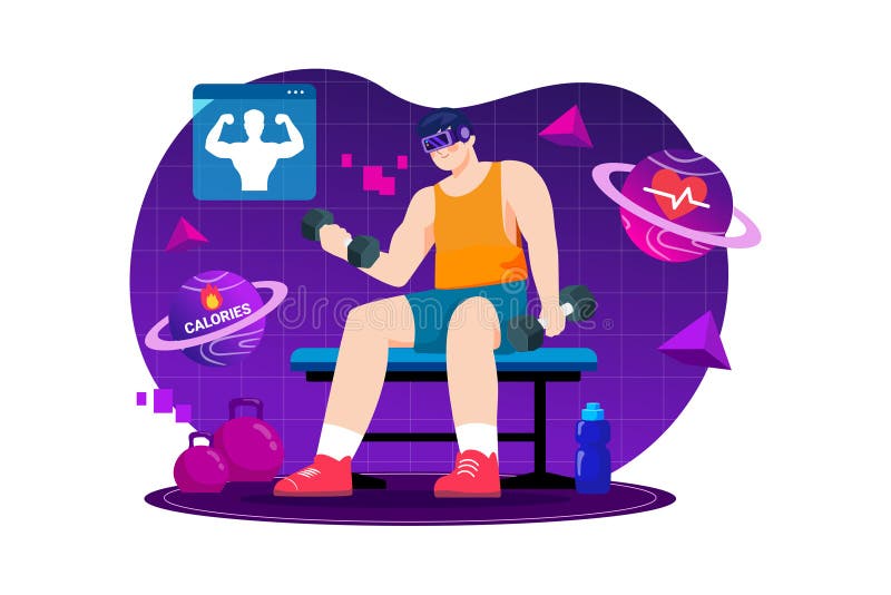 Man som utövar sin verksamhet i metaverse. Digital metaverse illustration. platt illustration isolerad på vit bakgrund