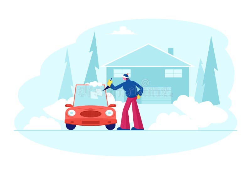 Man Stand at Auto Parked near of Cottage Cleaning Car Window with Spade from Ice and Snow at Winter Time after Night Blizzard. Driver Care of Automobile at House Yard Cartoon Flat Vector Illustration