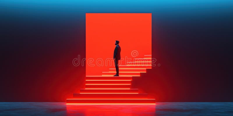 Man standing confidently at top of glowing futuristic staircase royalty free illustration