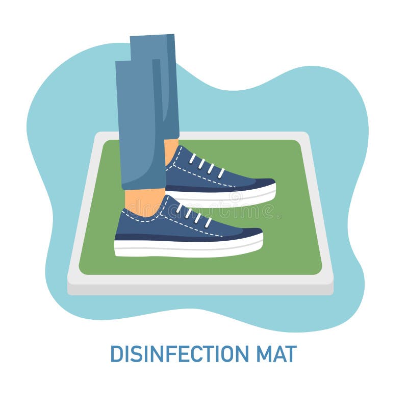 Man standing on disinfection mat to clean shoe from Covid-19 coronavirus and bacteria. Healthcare concept vector illustration on w
