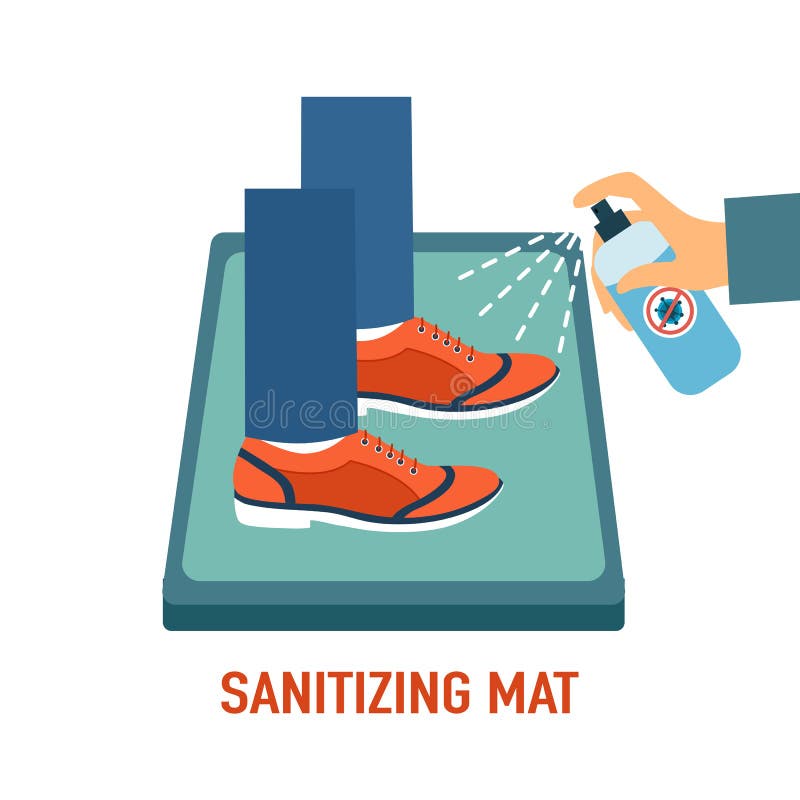 Man standing on disinfection mat to clean shoe from Covid-19 coronavirus and bacteria. Healthcare concept vector illustration on w