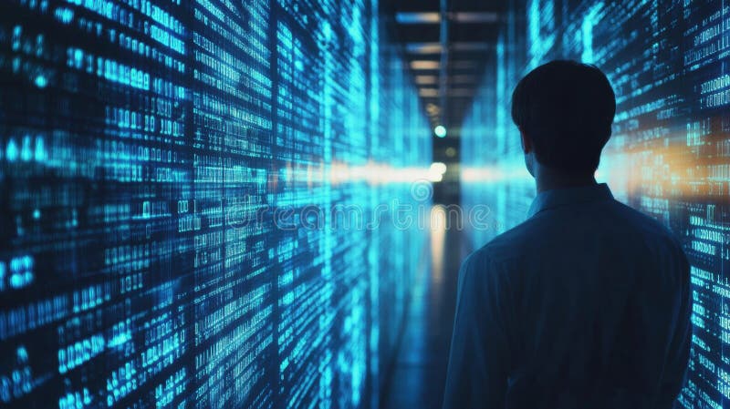 A man standing in front of a wall of binary code royalty free illustration
