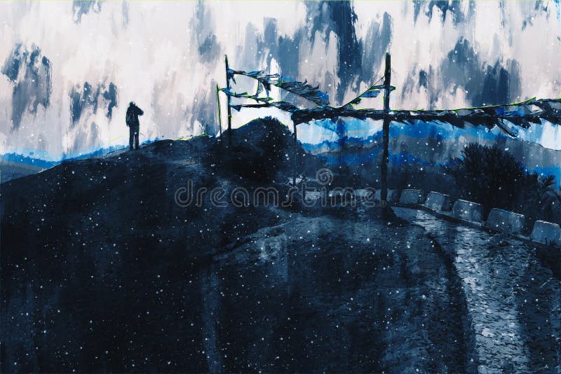 Man standing on hill, lonely man illustration image, digital painting royalty free illustration