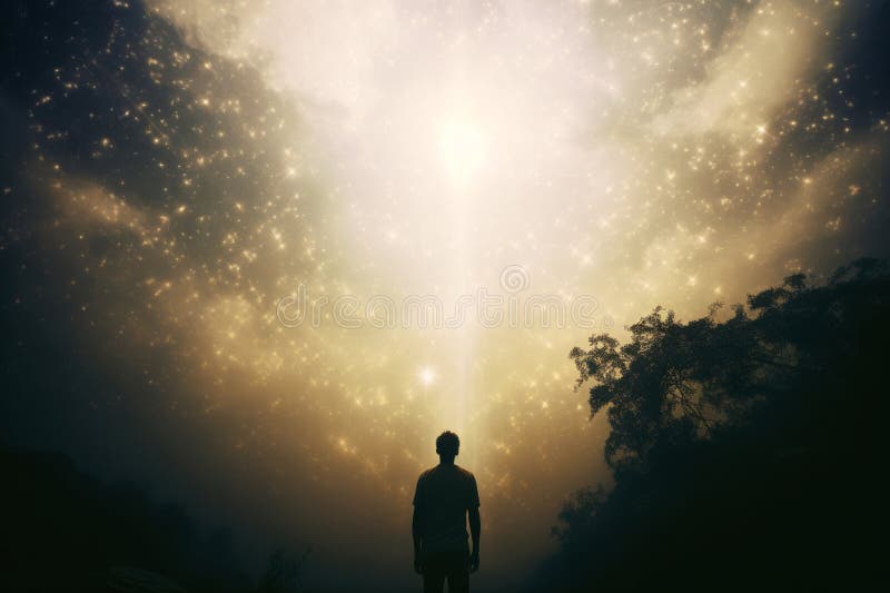 Man standing in the middle of the forest and looking at the light stock illustration
