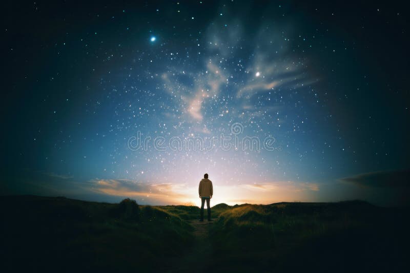 AI generated image of Man standing on the mountain at night with starry sky and Milky Way