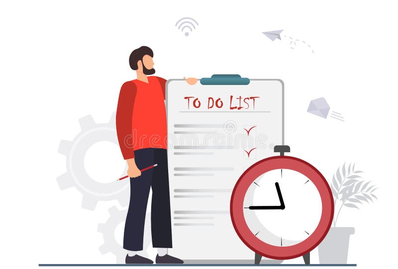 A man standing near to do list with pencil, month scheduling, to do list, time management concept, plan fulfilled, task completed royalty free illustration