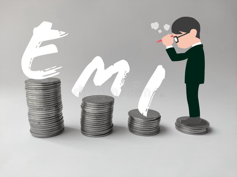 Man standing on stack of coins thinking about EMI