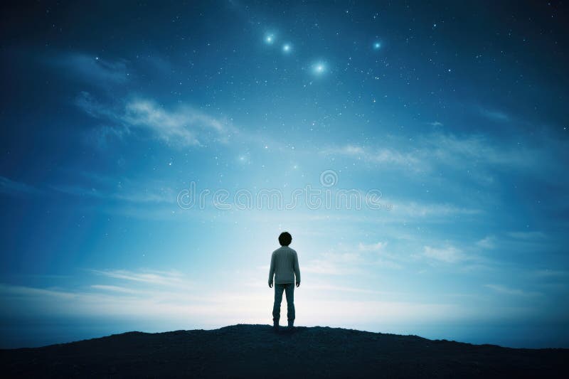 Man standing on top of mountain and looking at starry sky stock illustration