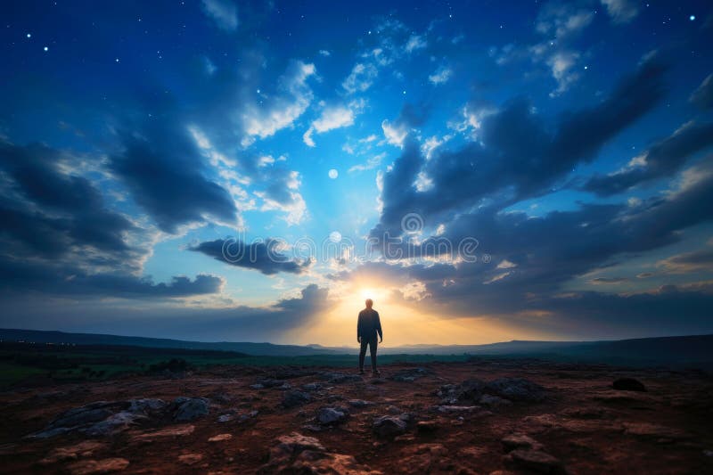 Man standing on top of a mountain and looking at the sunset. royalty free illustration