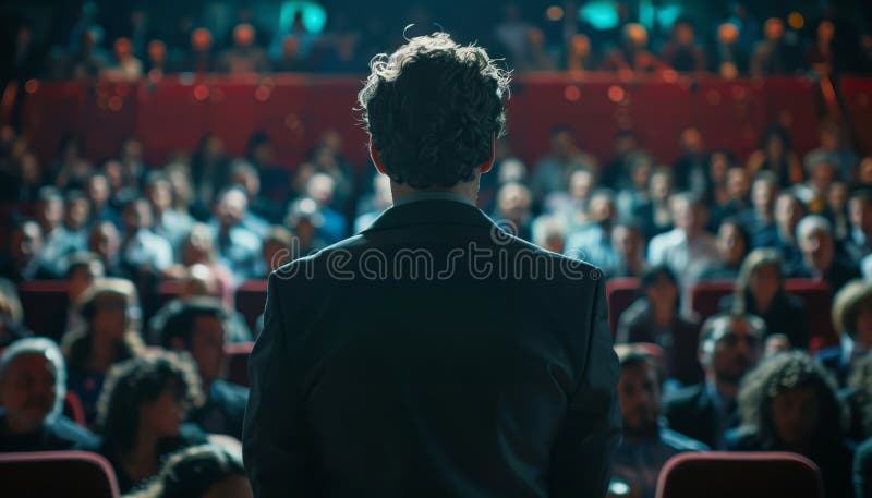 A man stands in front of a crowd of people, giving a speech by image royalty free illustration.