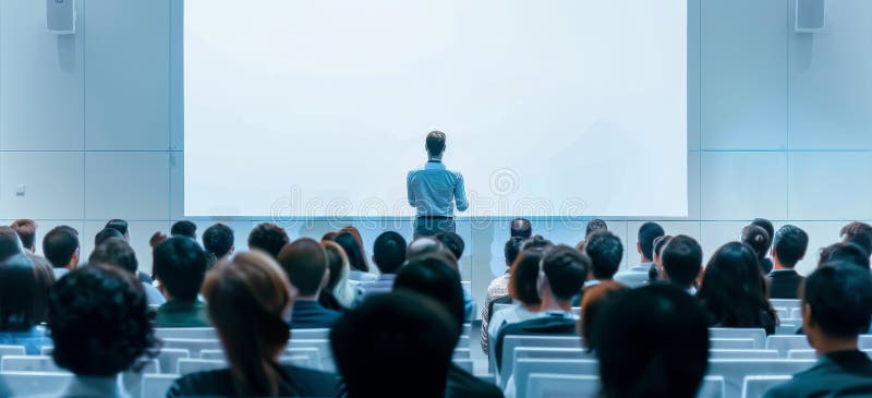 A man stands in front of a large audience, giving a presentation by image vector illustration.
