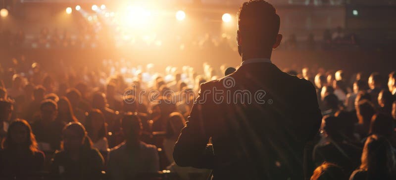 A man stands on stage in front of a crowd of people by image royalty free illustration.