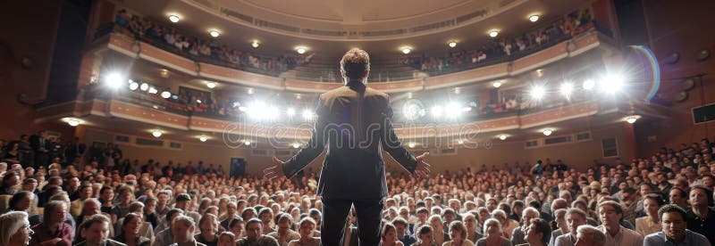 A man stands on a stage in front of a large audience by image stock illustration.