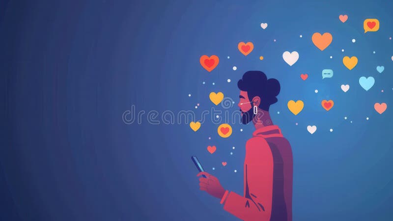 A man stands using his smartphone surrounded by floating heart and message icons, illustrating the impact of social stock image