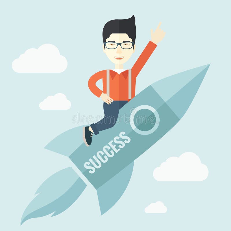 A man flying on the rocket raising his hand in the air as his start up. Success concept. A Contemporary style with pastel palette, soft blue tinted background with desaturated clouds. Vector flat design illustration. Square layout. A man flying on the rocket raising his hand in the air as his start up. Success concept. A Contemporary style with pastel palette, soft blue tinted background with desaturated clouds. Vector flat design illustration. Square layout.