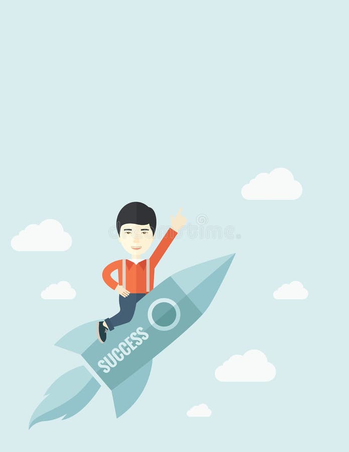 A man flying on the rocket raising his hand in the air as his start up. Success concept. A Contemporary style with pastel palette, soft blue tinted background with desaturated clouds. Vector flat design illustration. Vertical layout with text space on top part. A man flying on the rocket raising his hand in the air as his start up. Success concept. A Contemporary style with pastel palette, soft blue tinted background with desaturated clouds. Vector flat design illustration. Vertical layout with text space on top part.