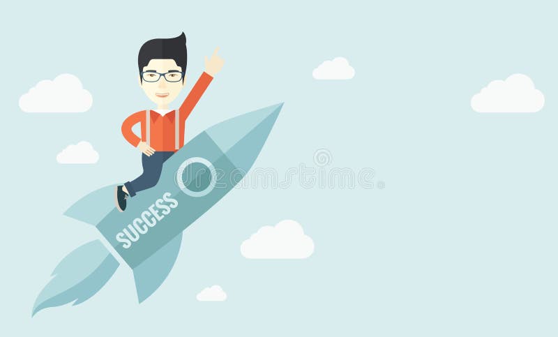 A man flying on the rocket raising his hand in the air as his start up. Success concept. A Contemporary style with pastel palette, soft blue tinted background with desaturated clouds. Vector flat design illustration. Horizontal layout with text space in lower right side. A man flying on the rocket raising his hand in the air as his start up. Success concept. A Contemporary style with pastel palette, soft blue tinted background with desaturated clouds. Vector flat design illustration. Horizontal layout with text space in lower right side.