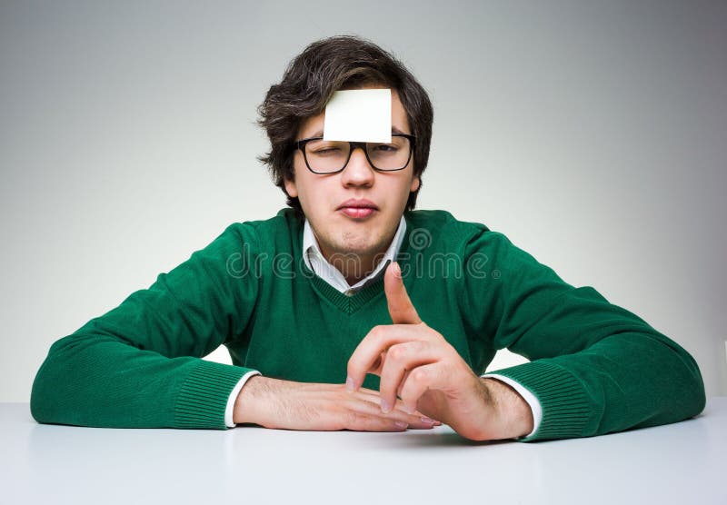 Man with Sticker on Forehead Stock Image Image of adult, glasses