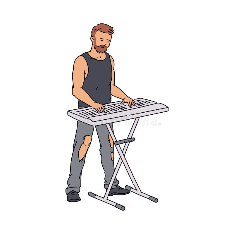 Man street musician playing synthesizer sketch vector illustration isolated.